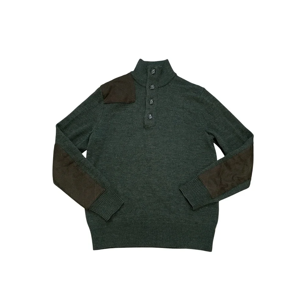 Banana Republic Heritage Merino Wool Sweater M Green Quarter Button Elbow Patch